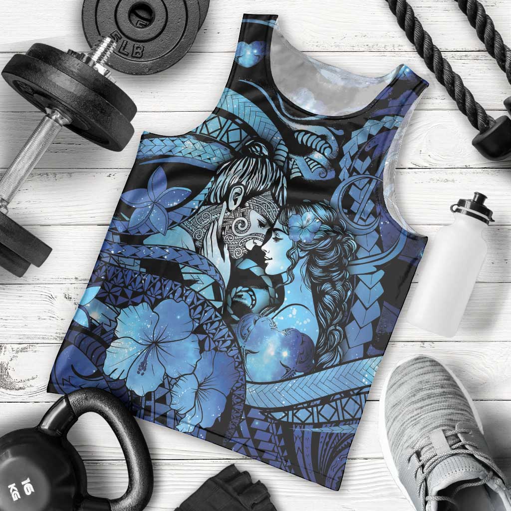 Personalised Maori Romantic Valentine Men Tank Top The Hongi Kiss Blue Galaxy