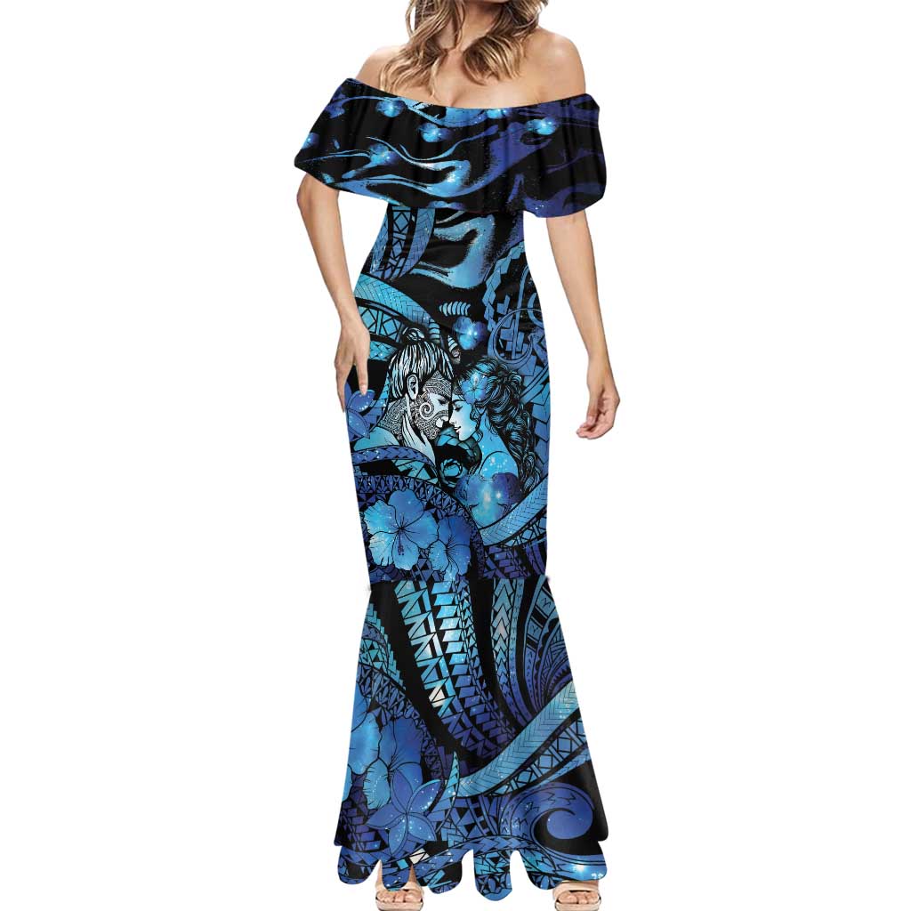 Personalised Maori Romantic Valentine Mermaid Dress The Hongi Kiss Blue Galaxy