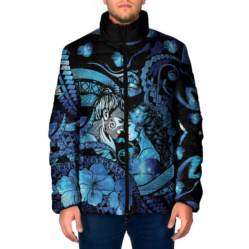 Personalised Maori Romantic Valentine Padded Jacket The Hongi Kiss Blue Galaxy