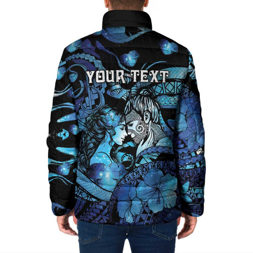Personalised Maori Romantic Valentine Padded Jacket The Hongi Kiss Blue Galaxy