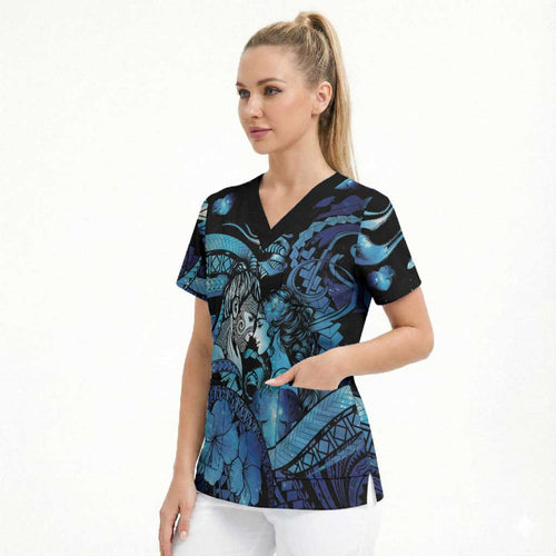 Personalised Maori Romantic Valentine Scrub Top The Hongi Kiss Blue Galaxy