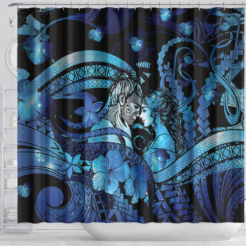 Maori Romantic Valentine Shower Curtain The Hongi Kiss Blue Galaxy