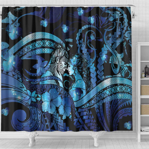 Maori Romantic Valentine Shower Curtain The Hongi Kiss Blue Galaxy