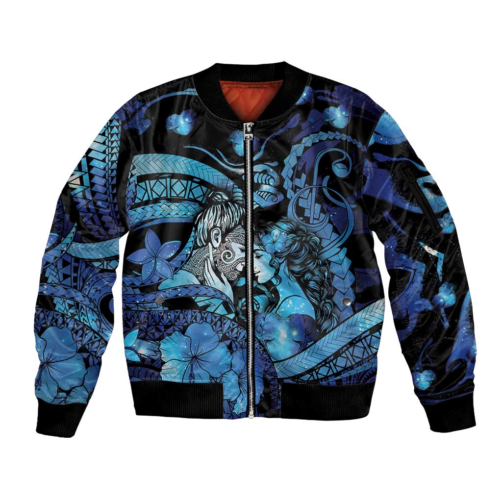 Personalised Maori Romantic Valentine Sleeve Zip Bomber Jacket The Hongi Kiss Blue Galaxy