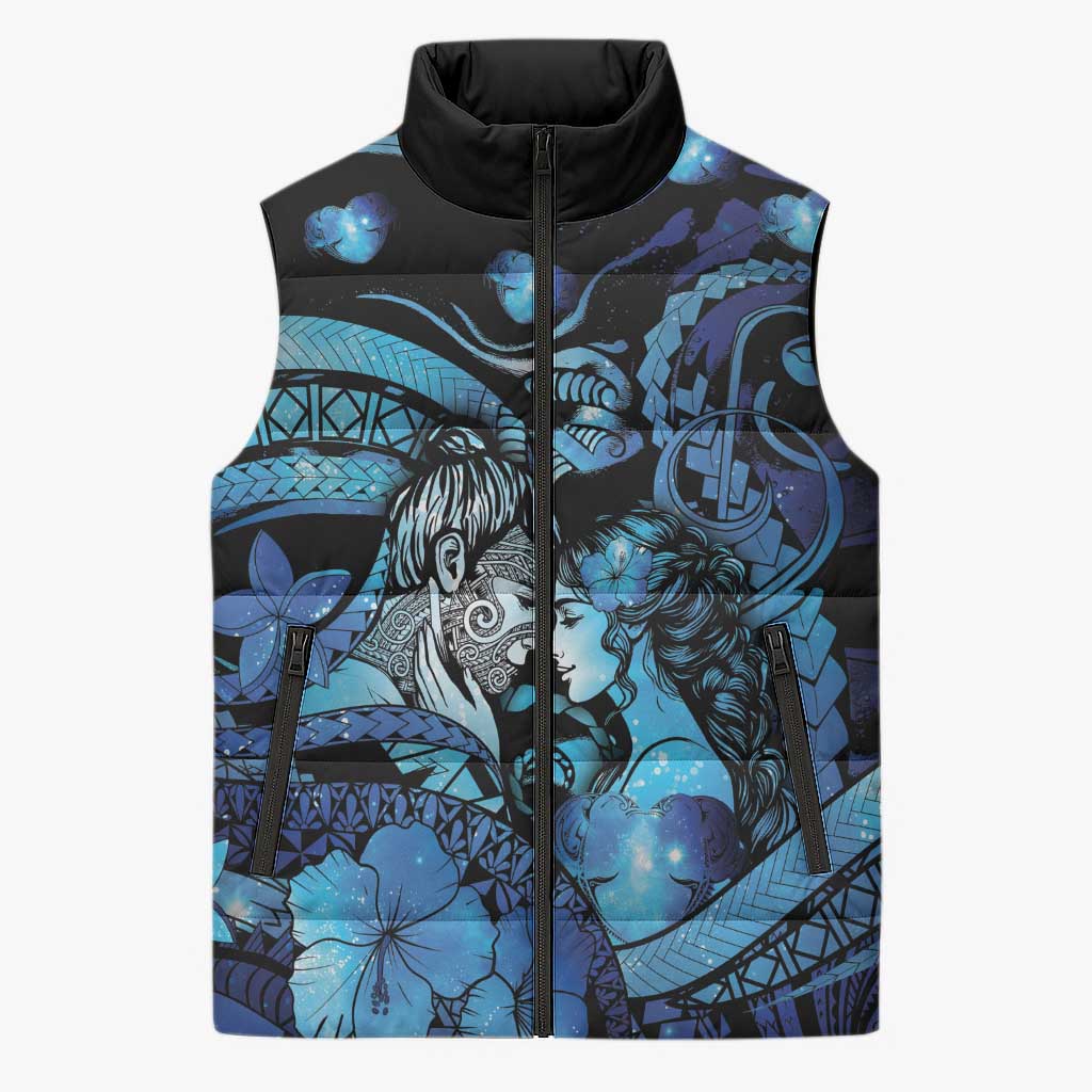 Personalised Maori Romantic Valentine Sleeveless Puffer Jacket The Hongi Kiss Blue Galaxy
