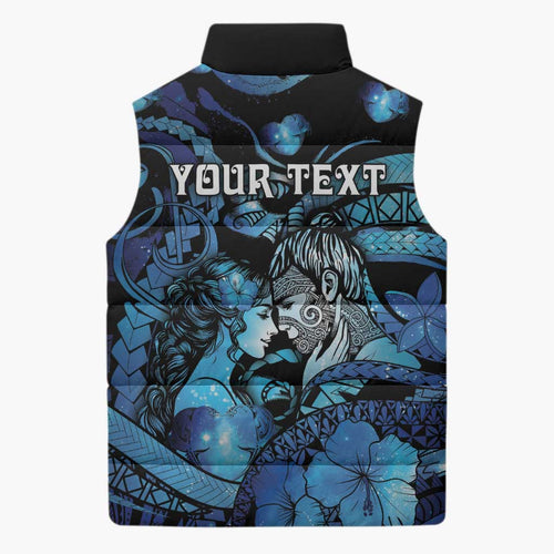 Personalised Maori Romantic Valentine Sleeveless Puffer Jacket The Hongi Kiss Blue Galaxy