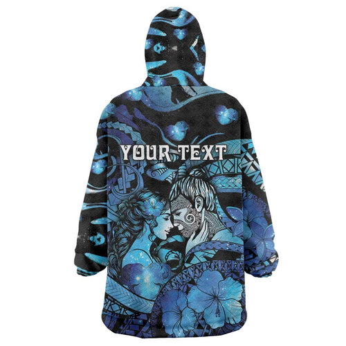 Personalised Maori Romantic Valentine Wearable Blanket Hoodie The Hongi Kiss Blue Galaxy