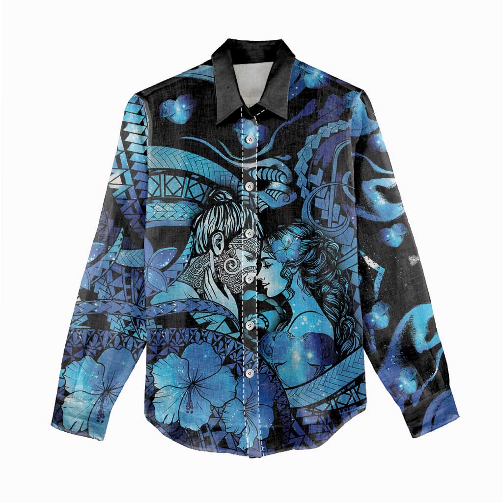 Personalised Maori Romantic Valentine Women Casual Shirt The Hongi Kiss Blue Galaxy