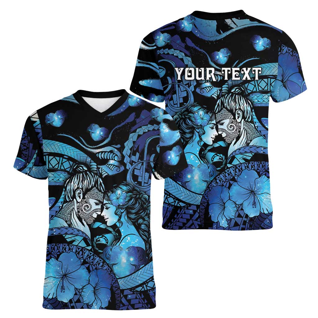 Personalised Maori Romantic Valentine Women V-Neck T-Shirt The Hongi Kiss Blue Galaxy