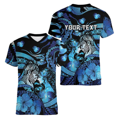 Personalised Maori Romantic Valentine Women V-Neck T-Shirt The Hongi Kiss Blue Galaxy