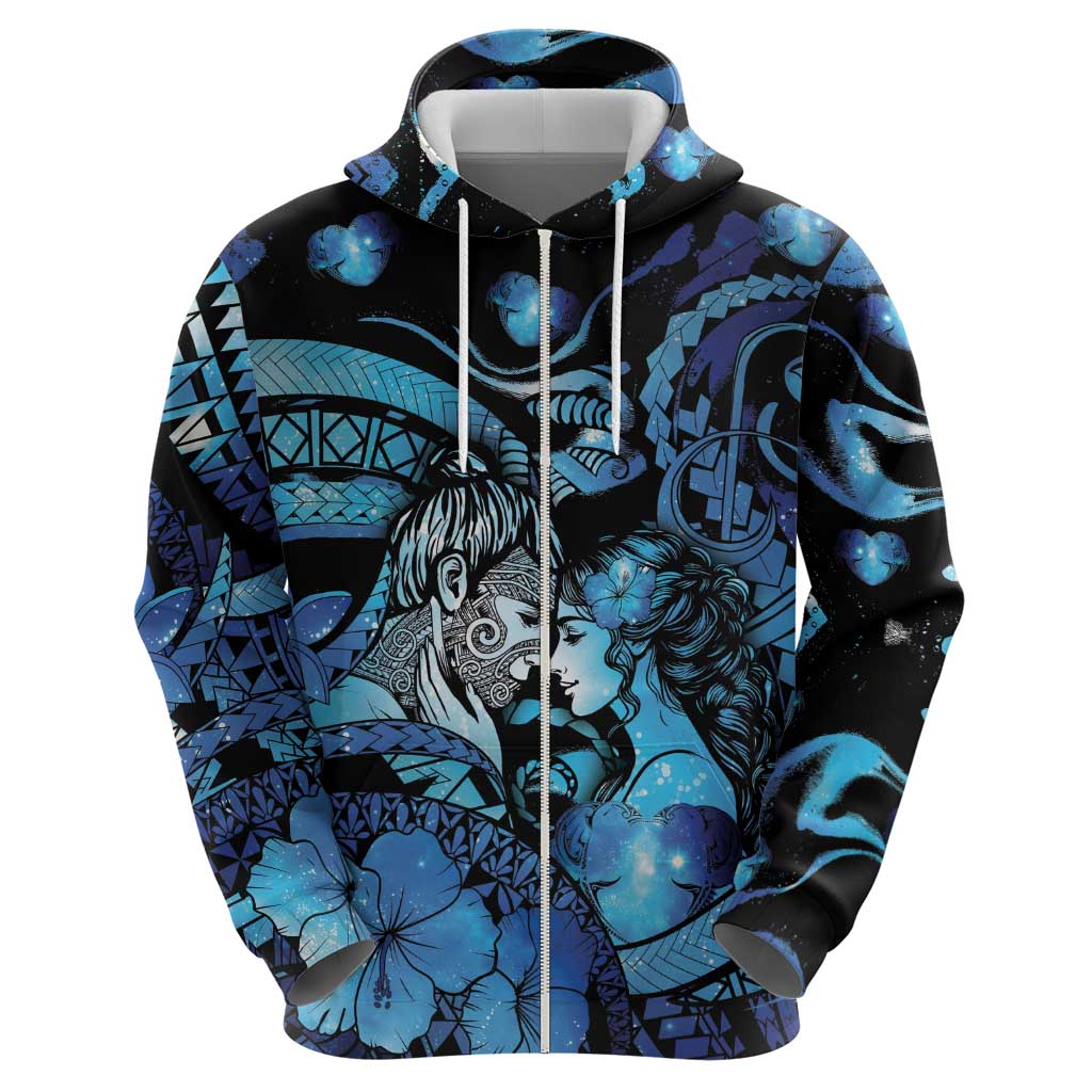 Personalised Maori Romantic Valentine Zip Hoodie The Hongi Kiss Blue Galaxy