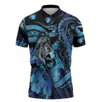 Personalised Maori Romantic Valentine Zipper Polo Shirt The Hongi Kiss Blue Galaxy