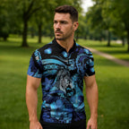 Personalised Maori Romantic Valentine Zipper Polo Shirt The Hongi Kiss Blue Galaxy