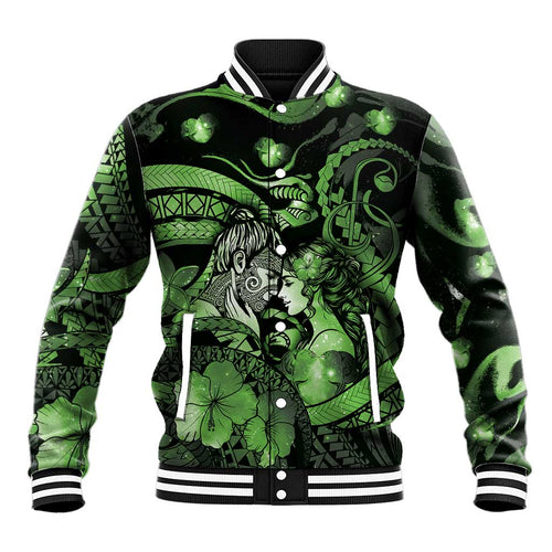 Personalised Maori Romantic Valentine Baseball Jacket The Hongi Kiss Green Galaxy