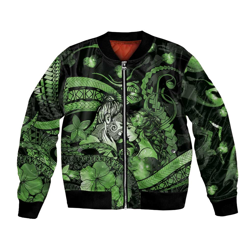 Personalised Maori Romantic Valentine Bomber Jacket The Hongi Kiss Green Galaxy
