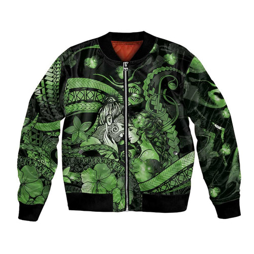 Personalised Maori Romantic Valentine Bomber Jacket The Hongi Kiss Green Galaxy