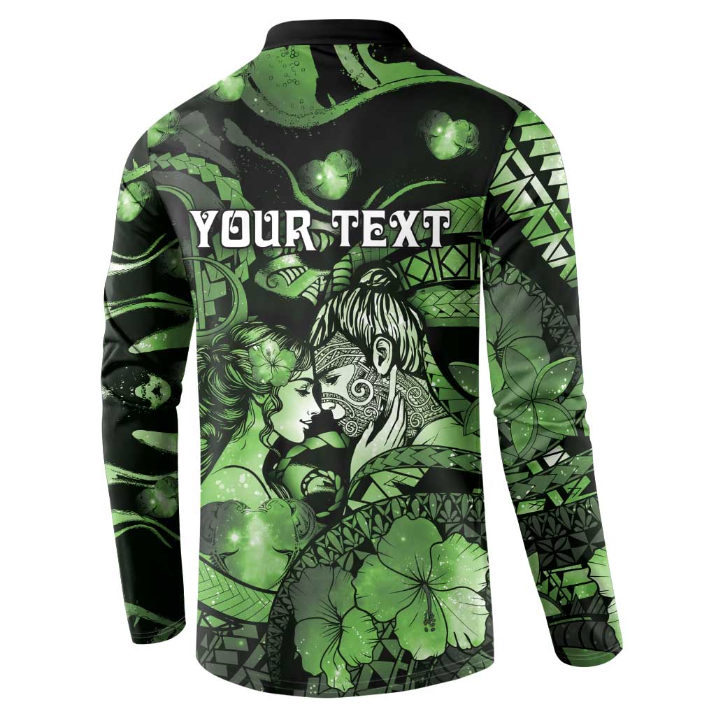 Personalised Maori Romantic Valentine Button Sweatshirt The Hongi Kiss Green Galaxy