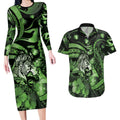 Personalised Maori Romantic Valentine Couples Matching Long Sleeve Bodycon Dress and Hawaiian Shirt The Hongi Kiss Green Galaxy
