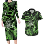 Personalised Maori Romantic Valentine Couples Matching Long Sleeve Bodycon Dress and Hawaiian Shirt The Hongi Kiss Green Galaxy
