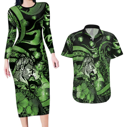 Personalised Maori Romantic Valentine Couples Matching Long Sleeve Bodycon Dress and Hawaiian Shirt The Hongi Kiss Green Galaxy