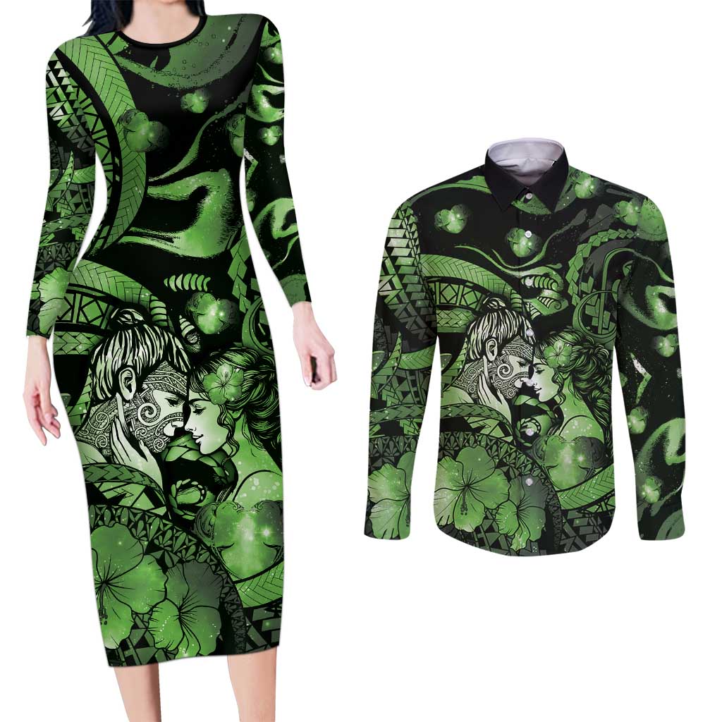 Personalised Maori Romantic Valentine Couples Matching Long Sleeve Bodycon Dress and Long Sleeve Button Shirt The Hongi Kiss Green Galaxy