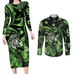 Personalised Maori Romantic Valentine Couples Matching Long Sleeve Bodycon Dress and Long Sleeve Button Shirt The Hongi Kiss Green Galaxy