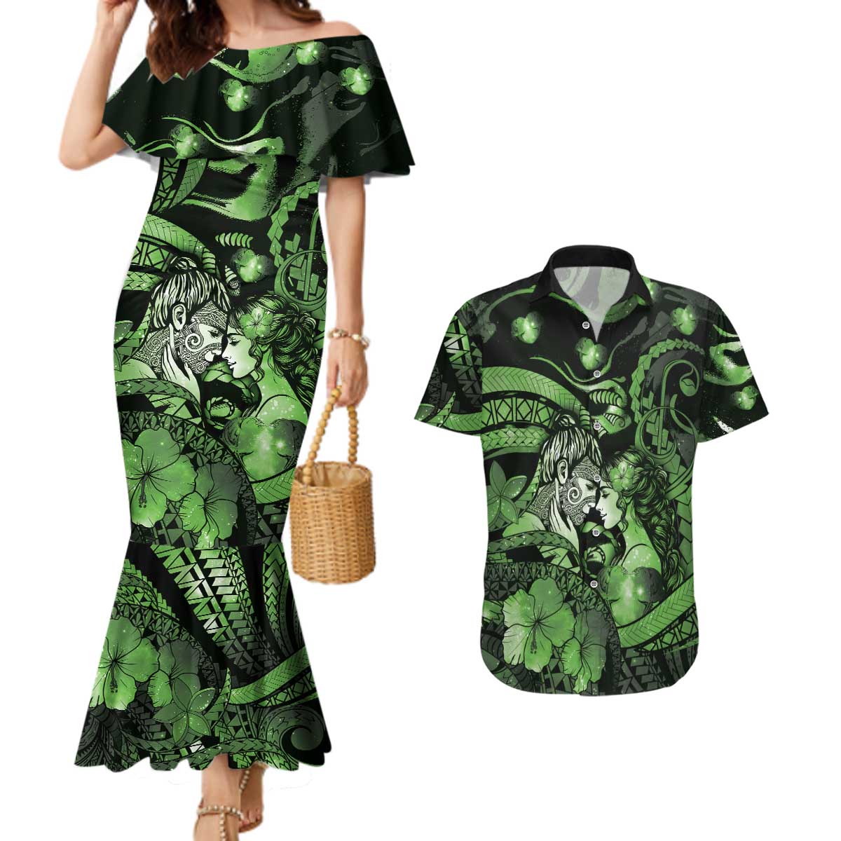 Personalised Maori Romantic Valentine Couples Matching Mermaid Dress and Hawaiian Shirt The Hongi Kiss Green Galaxy