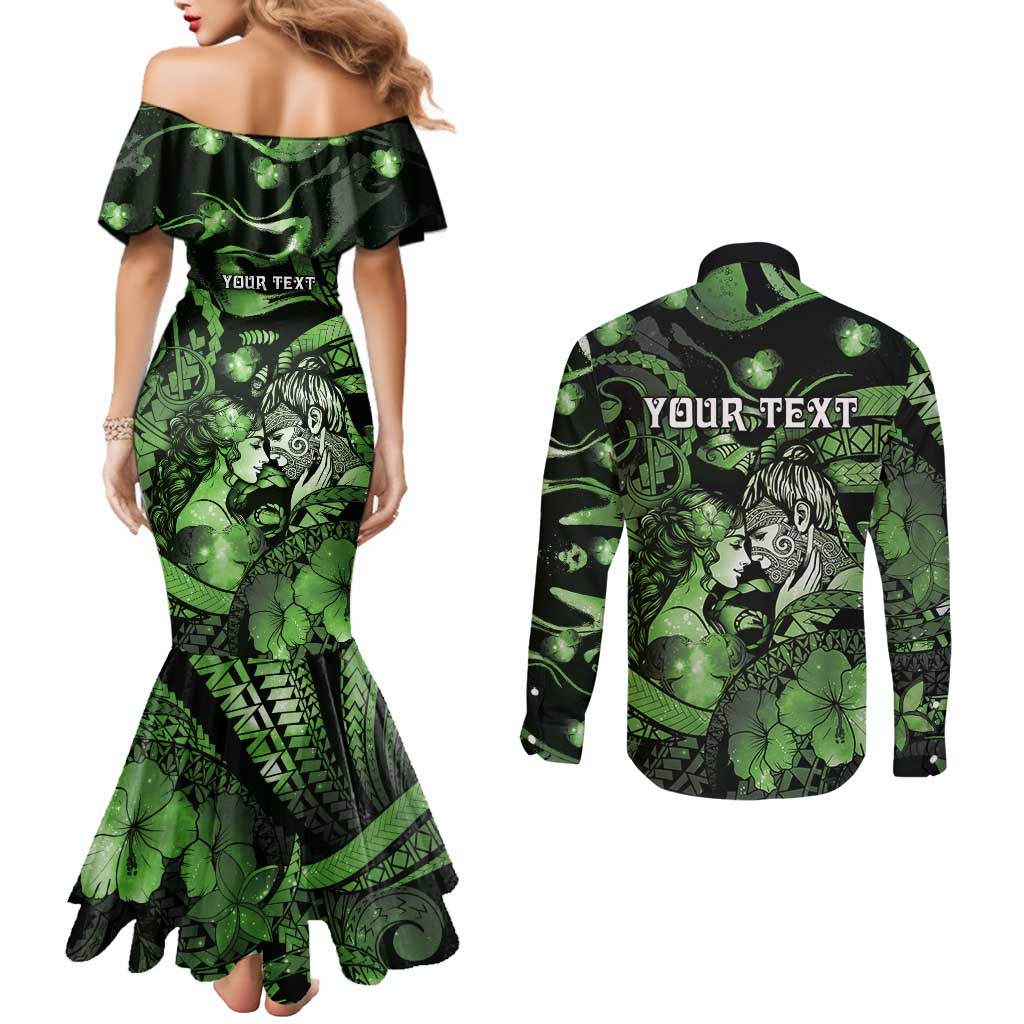 Personalised Maori Romantic Valentine Couples Matching Mermaid Dress and Long Sleeve Button Shirt The Hongi Kiss Green Galaxy