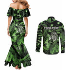 Personalised Maori Romantic Valentine Couples Matching Mermaid Dress and Long Sleeve Button Shirt The Hongi Kiss Green Galaxy