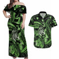 Personalised Maori Romantic Valentine Couples Matching Off Shoulder Maxi Dress and Hawaiian Shirt The Hongi Kiss Green Galaxy