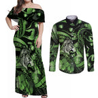 Personalised Maori Romantic Valentine Couples Matching Off Shoulder Maxi Dress and Long Sleeve Button Shirt The Hongi Kiss Green Galaxy