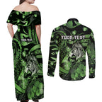 Personalised Maori Romantic Valentine Couples Matching Off Shoulder Maxi Dress and Long Sleeve Button Shirt The Hongi Kiss Green Galaxy