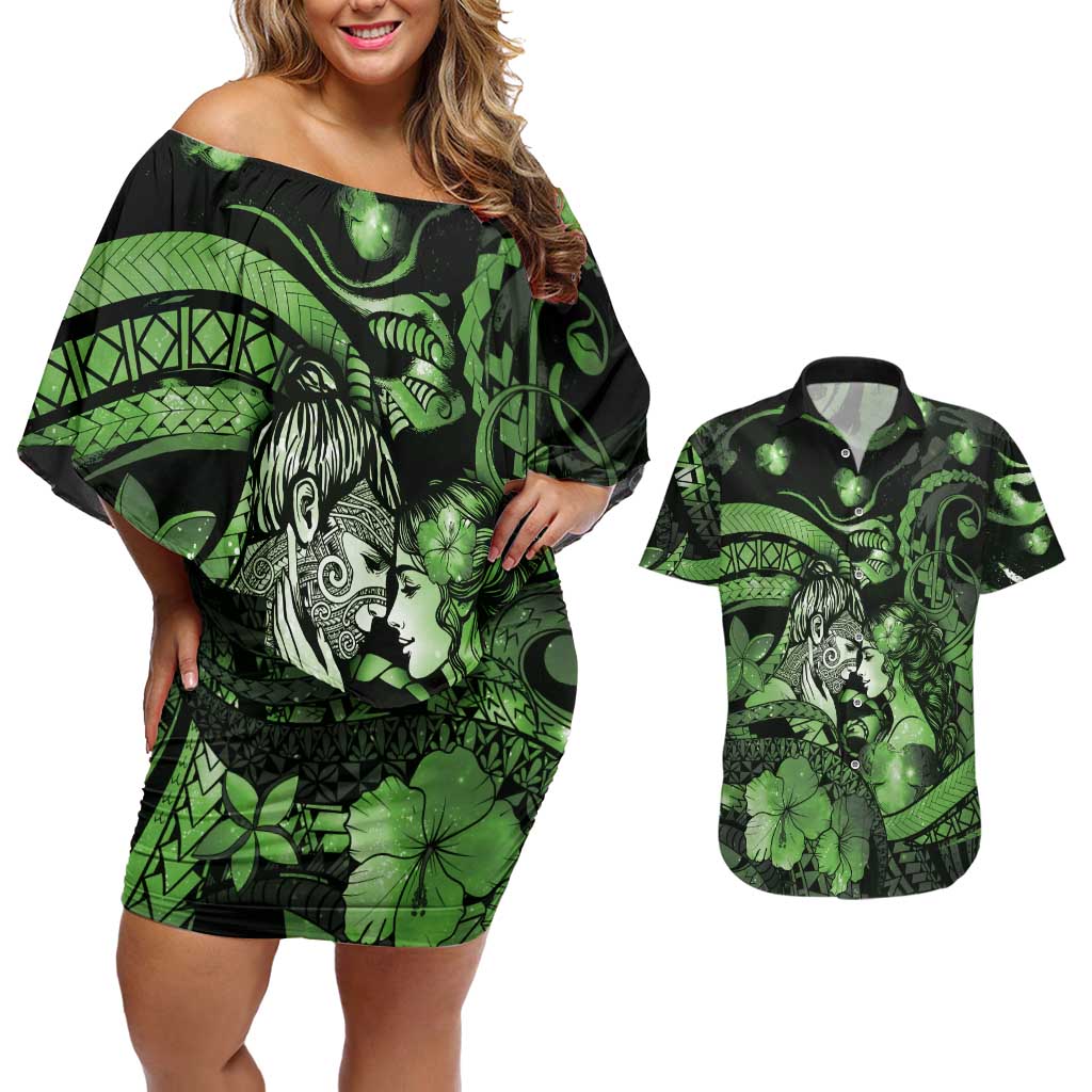 Personalised Maori Romantic Valentine Couples Matching Off Shoulder Short Dress and Hawaiian Shirt The Hongi Kiss Green Galaxy