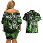 Personalised Maori Romantic Valentine Couples Matching Off Shoulder Short Dress and Hawaiian Shirt The Hongi Kiss Green Galaxy