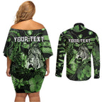 Personalised Maori Romantic Valentine Couples Matching Off Shoulder Short Dress and Long Sleeve Button Shirt The Hongi Kiss Green Galaxy