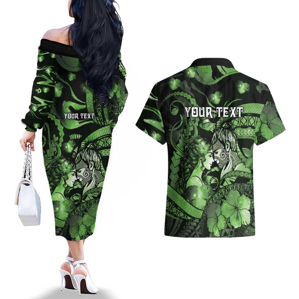 Personalised Maori Romantic Valentine Couples Matching Off The Shoulder Long Sleeve Dress and Hawaiian Shirt The Hongi Kiss Green Galaxy