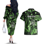 Personalised Maori Romantic Valentine Couples Matching Off The Shoulder Long Sleeve Dress and Hawaiian Shirt The Hongi Kiss Green Galaxy