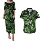 Personalised Maori Romantic Valentine Couples Matching Puletasi and Hawaiian Shirt The Hongi Kiss Green Galaxy