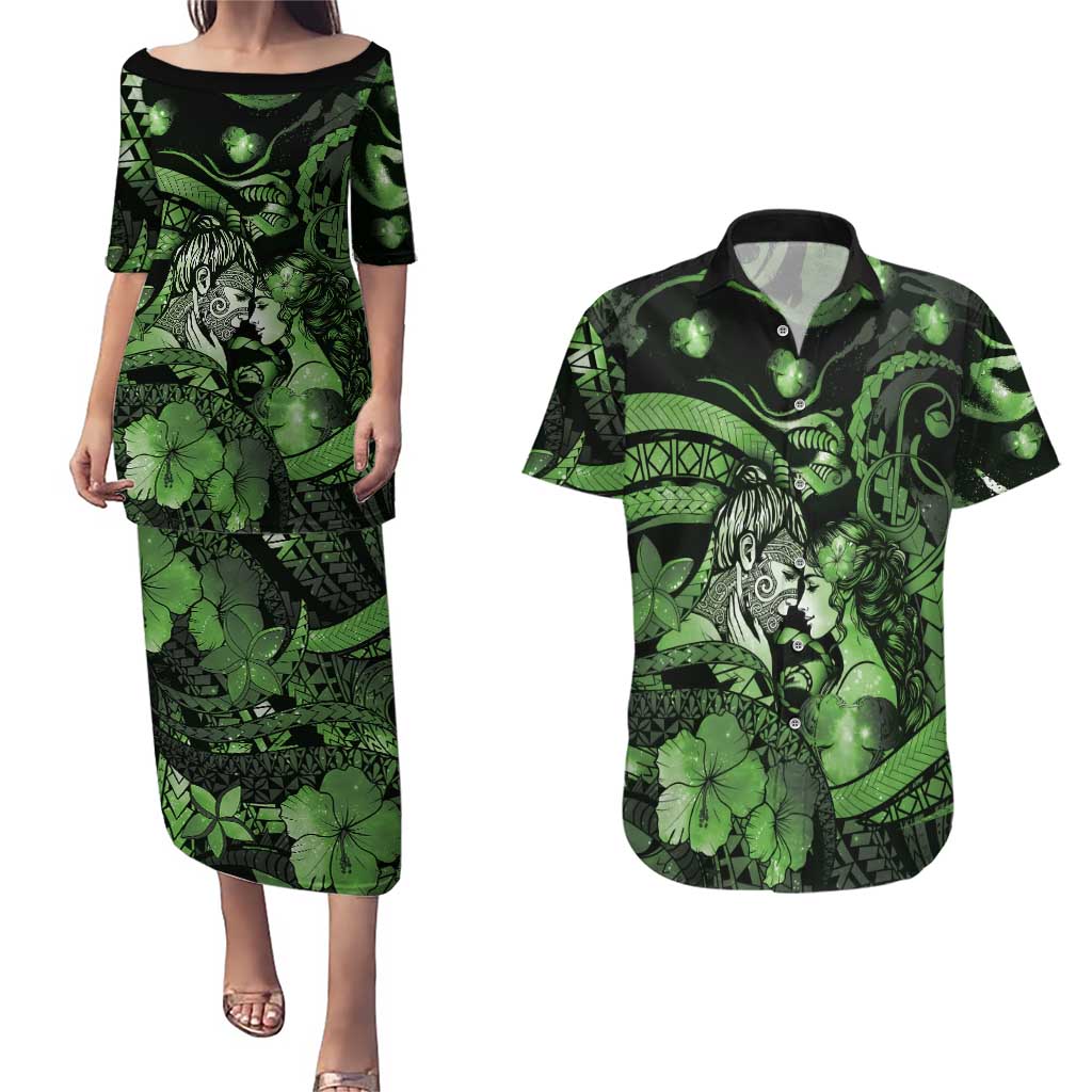 Personalised Maori Romantic Valentine Couples Matching Puletasi and Hawaiian Shirt The Hongi Kiss Green Galaxy