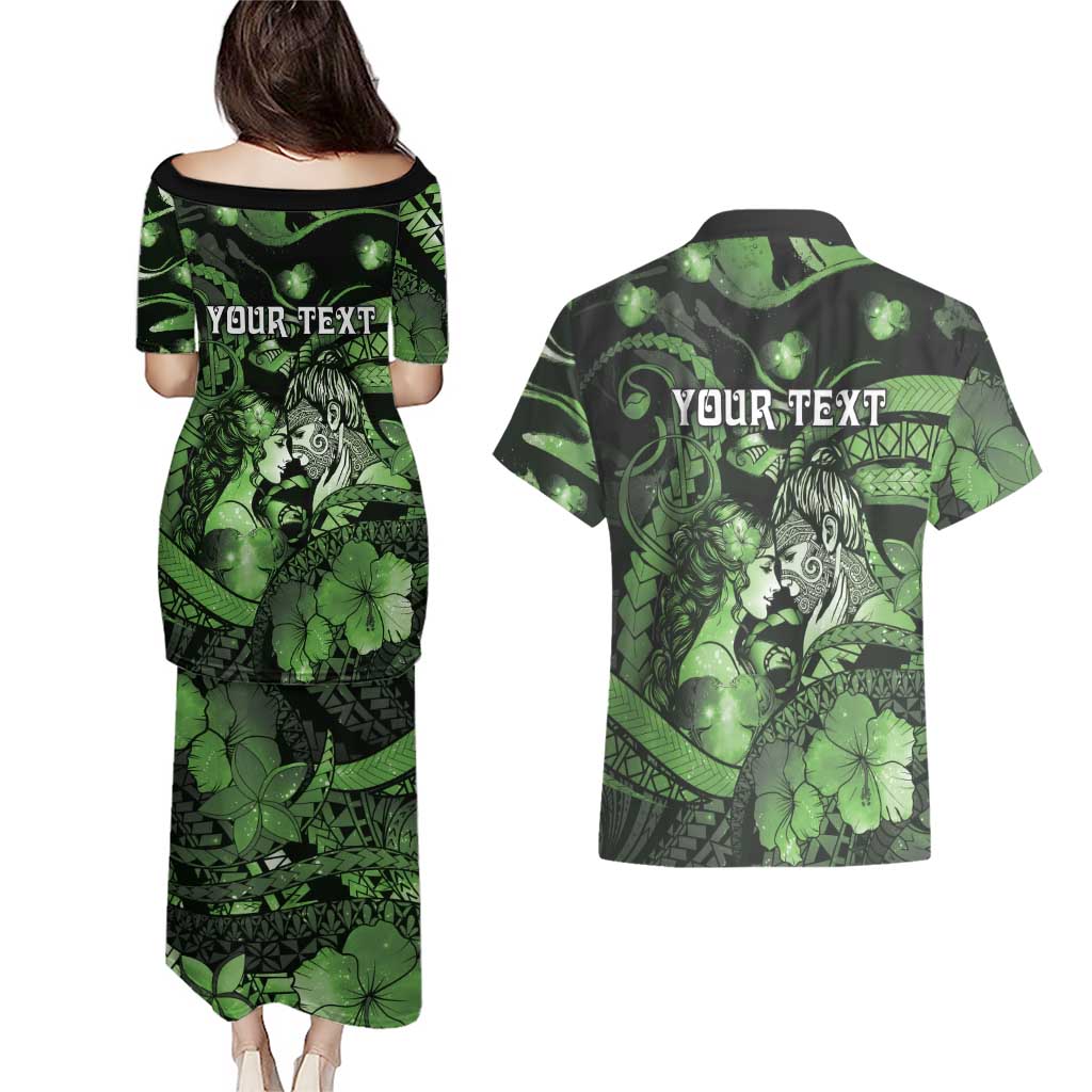 Personalised Maori Romantic Valentine Couples Matching Puletasi and Hawaiian Shirt The Hongi Kiss Green Galaxy