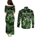 Personalised Maori Romantic Valentine Couples Matching Puletasi and Long Sleeve Button Shirt The Hongi Kiss Green Galaxy