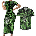Personalised Maori Romantic Valentine Couples Matching Short Sleeve Bodycon Dress and Hawaiian Shirt The Hongi Kiss Green Galaxy