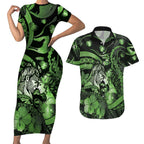 Personalised Maori Romantic Valentine Couples Matching Short Sleeve Bodycon Dress and Hawaiian Shirt The Hongi Kiss Green Galaxy
