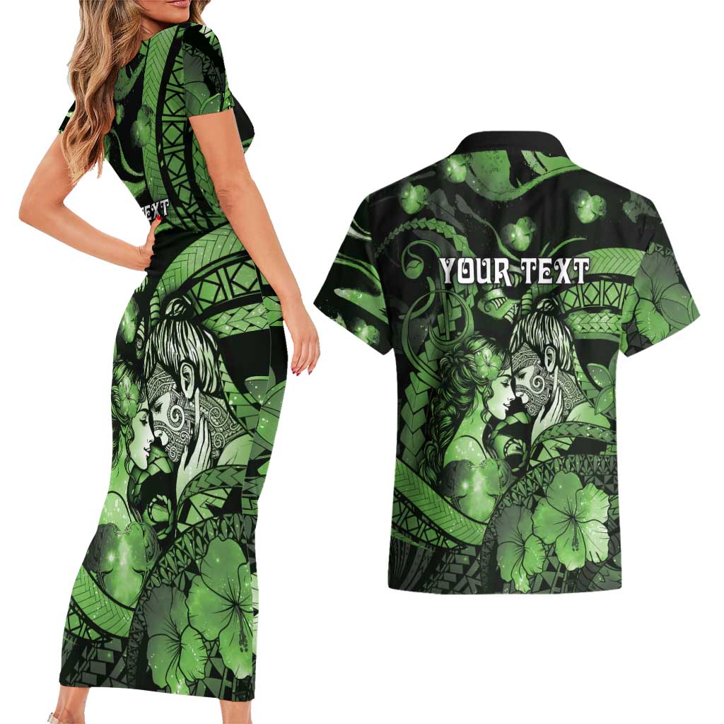 Personalised Maori Romantic Valentine Couples Matching Short Sleeve Bodycon Dress and Hawaiian Shirt The Hongi Kiss Green Galaxy