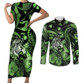 Personalised Maori Romantic Valentine Couples Matching Short Sleeve Bodycon Dress and Long Sleeve Button Shirt The Hongi Kiss Green Galaxy
