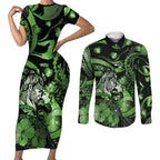 Personalised Maori Romantic Valentine Couples Matching Short Sleeve Bodycon Dress and Long Sleeve Button Shirt The Hongi Kiss Green Galaxy