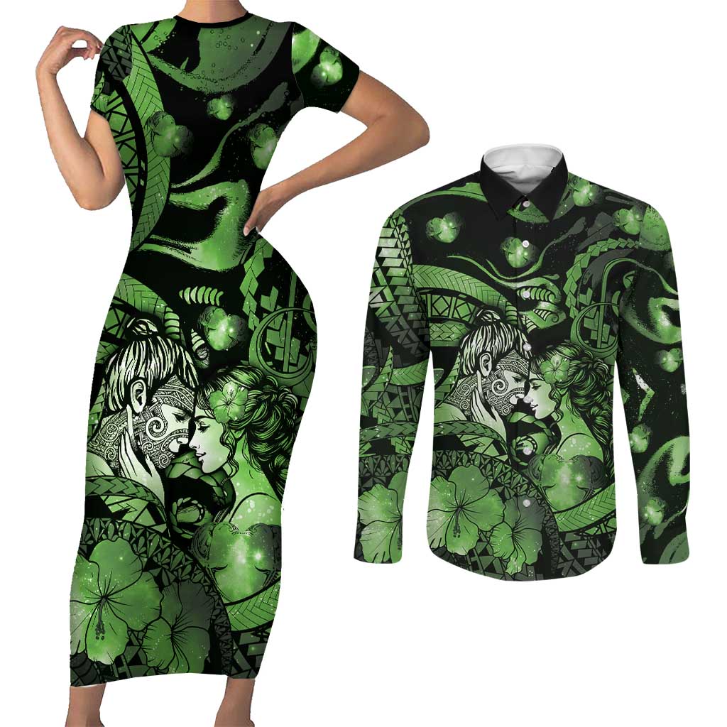 Personalised Maori Romantic Valentine Couples Matching Short Sleeve Bodycon Dress and Long Sleeve Button Shirt The Hongi Kiss Green Galaxy