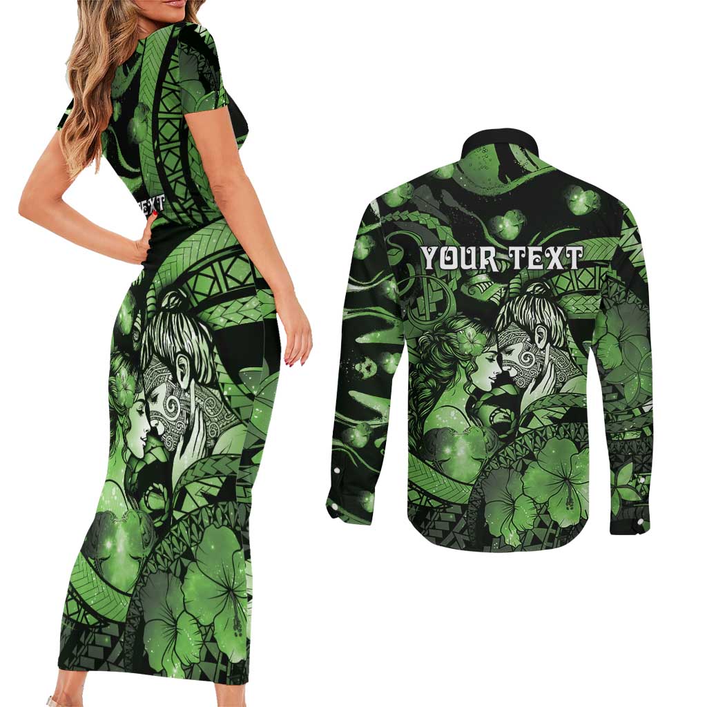Personalised Maori Romantic Valentine Couples Matching Short Sleeve Bodycon Dress and Long Sleeve Button Shirt The Hongi Kiss Green Galaxy