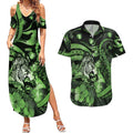 Personalised Maori Romantic Valentine Couples Matching Summer Maxi Dress and Hawaiian Shirt The Hongi Kiss Green Galaxy