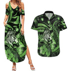 Personalised Maori Romantic Valentine Couples Matching Summer Maxi Dress and Hawaiian Shirt The Hongi Kiss Green Galaxy